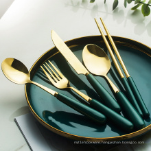 Wholesale high quality cutlery set chopsticks knife spoon fork stainless steel gold blackish green flatware set